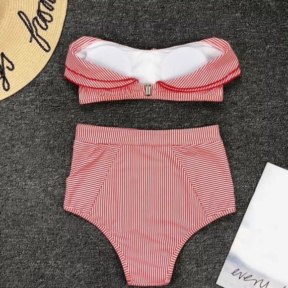 HIGH WAISTED STRIPED RUFFLE BANDEAU BIKINI Set - Picture 3 of 4